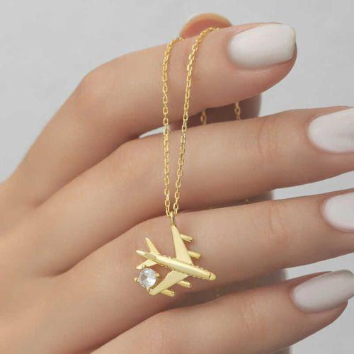 Lucky Life 925 Ayar Gumuss Gold Tek Taşlı Uçak Lucky Life Lucky Life Kadın Kolye