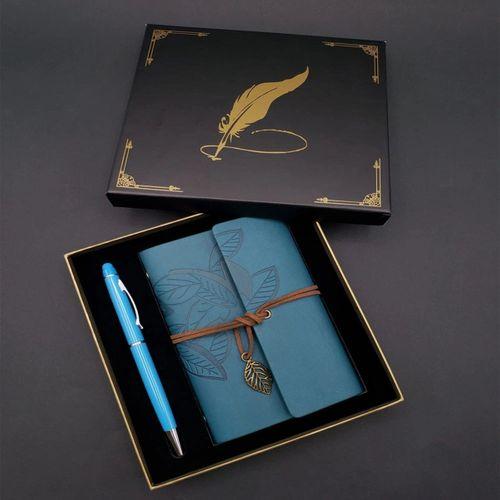 Siyah Kutulu Yaprak Desenli Mavi Deri Defter Ve Kalem Seti