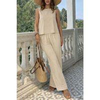 Kadın Biziklet Yaka Kolsuz Bluz Ve Salaş Ispanyol Paça Aerobin Kumaş Ikili Takım