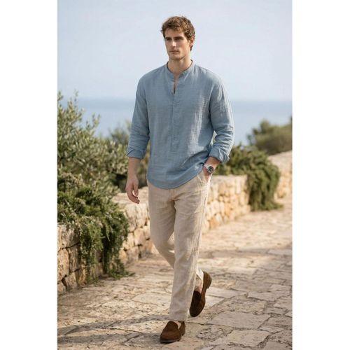 Hafif ve Nefes Alabilir Erkek Müslin Yarım Pat Hakim Yaka Oversize Gömlek- Soğuk Mavi