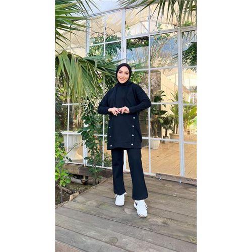 Kapşonlu Çıtçıt Detaylı Kısa Sweat Pantolon İkili Tesettür Eşofman Takımı - 03079.003 - Siyah