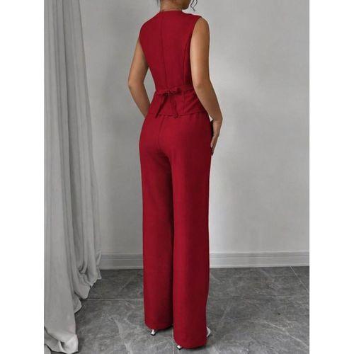 Kadın Askılı önden Düğmeli Bluz Ve Pantolon Keten Ikili Takım