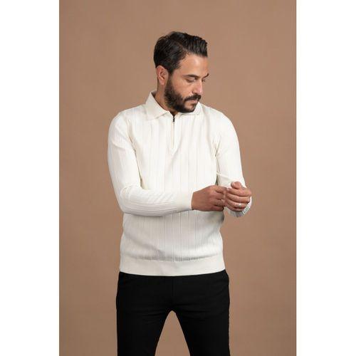 Fermuarlı Polo Yaka Polyamid Kumaş Kendinden Çizgili Likralı Triko Kazak