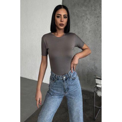 Rahat Ve Şık Kısa Kollu Bisiklet Yaka Likralı Viskon Penye Body Füme