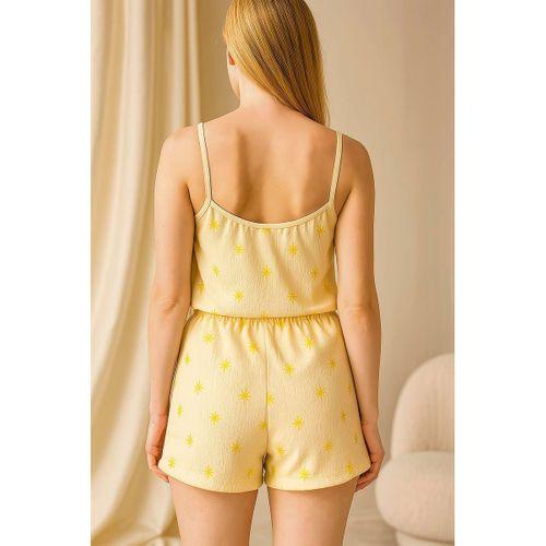 Sarı Üstüne Desenli Askılı Şortlu Pijama Takımı