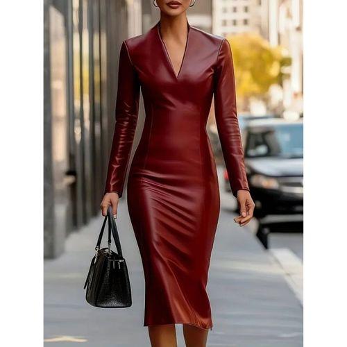 Kadın Uzun Kollu V Yakalı Deri Midi Elbise