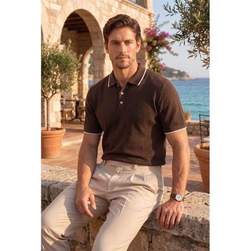 Balzac Yakası Şeritli Düğmeli Polo Yaka Basic Günlük Petek Örgü Triko Erkek T-Shirt - Kahve