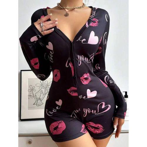 Pamuklu Kırmızı Kalp Desenli Düğmeli Uzun Kol Tulum Pijama