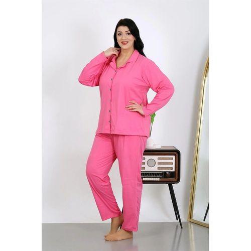 Kadın Büyük Beden Pamuklu Cepli Düğmeli Pembe Pijama Takım