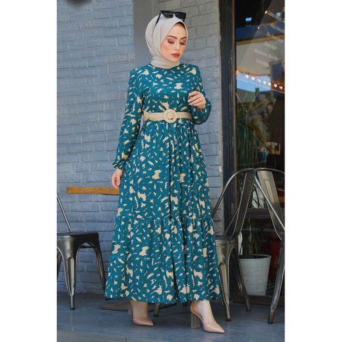 Beli Büzgülü Eteği Fırfırlı Tesettür  Elbise 17647-8