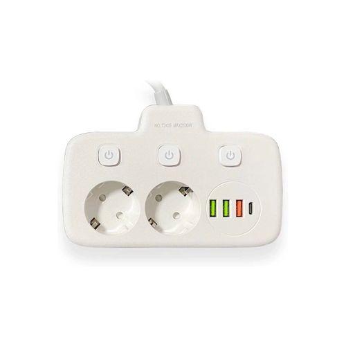 Akım Korumalı 2’li Ayrı Anahtarlı Priz, 2x Priz, 3x Usb, 1x Type-c, 2 Mt Kablo, Hızlı Şarj