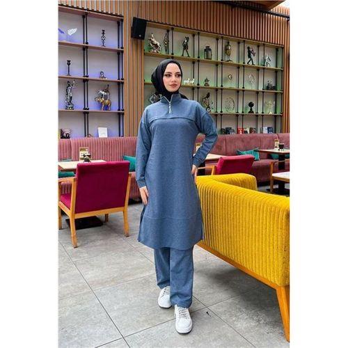 Dik Yaka Kısa Fermuarlı Yırtmaçlı Sade Basic Uzun Tunik ve Pantolon İkili Spor Takım - 03062.006 - İndigo