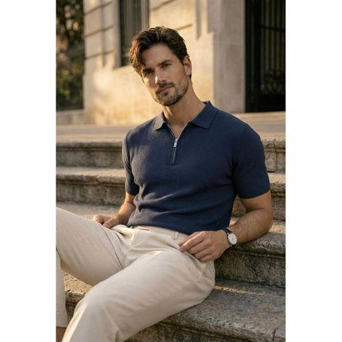 Jeff Selanik Örgü Polo Yaka Yarım Fermuarlı İnce Triko Erkek T-Shirt - Lacivert