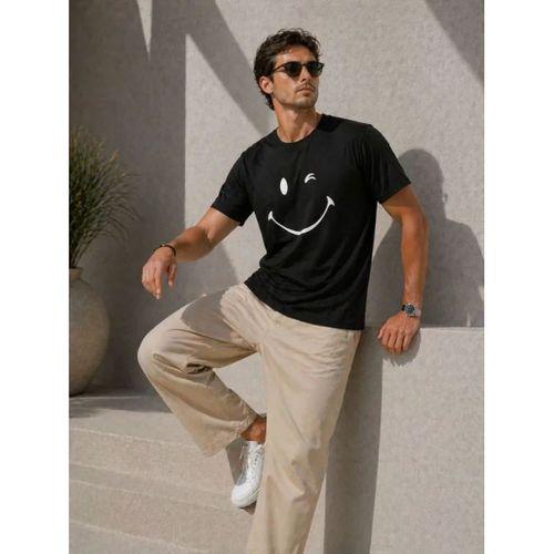 Erkek Minimal Gülümseyen Yüz Baskılı Tişört Kısa Kol Yazlık T-Shirt - Siyah
