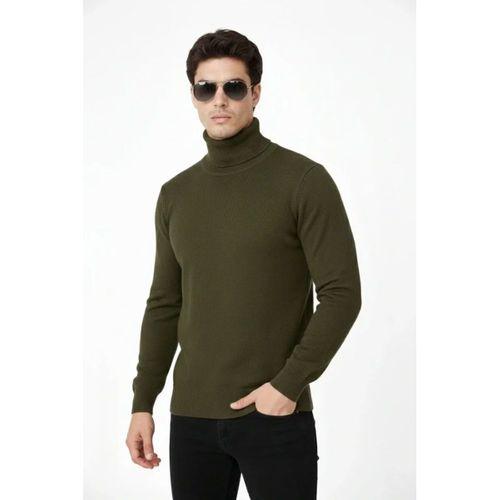 Tam Boğazlı Balıkcı Yaka Triko Kazak Yumuşak Dokulu Pamuklu Ince Dokuma, Uzun Kollu Rahat Regular Kalıp - Haki