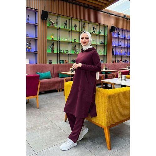 Kapşonlu Yandat Çıtçıtlı Sade Basic Uzun Tunik ve Pantolon İkili Spor Takım - 03071.020 - Mürdüm
