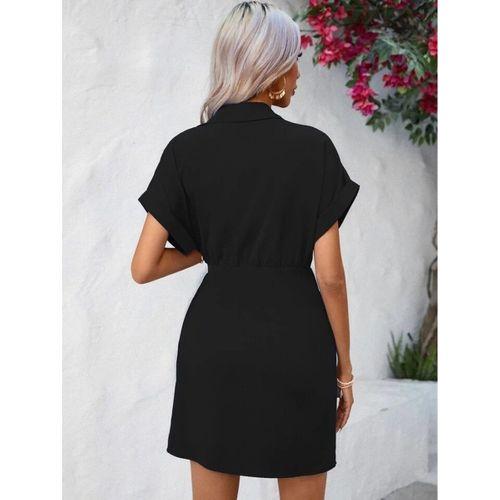 Kadın Kısa Kollu Yakalı Yandan Bağlamalı Dokuma Elbise