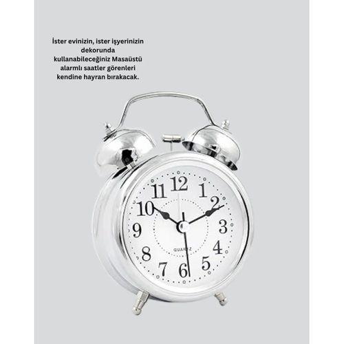 Alarmlı Dekoratif Yuvarlak Masa Saati Gümüş Renk Sessiz Ve Işıklı