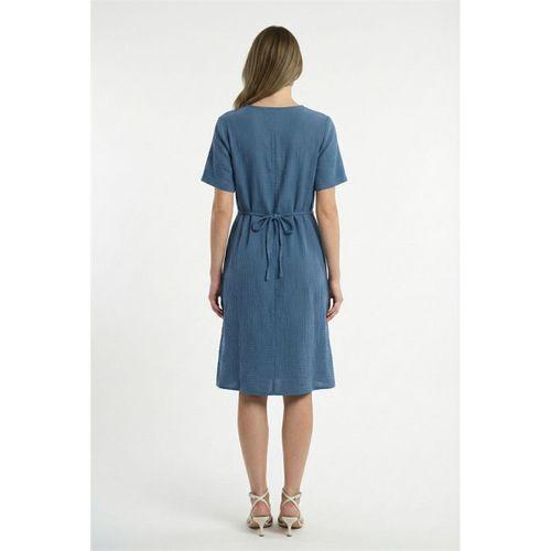 Kısa Kol Lidya Bisiklet Yaka Nakışlı Yazlık Kısa Müslin Elbise İndigo indg