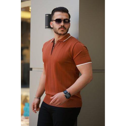 Erkek Fermuar Yakalı çizgi Dokulu Kısa Kollu Tişört