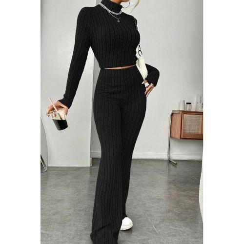 Kadın Siyah Boğazlı Crop Top Yüksek Bel Eşofman Takımı Spor Şık 2’li Set