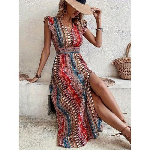 Kadın Kısa Kollu V Yakalı Desenli Yandan Yırtmaçlı Süprem Elbise