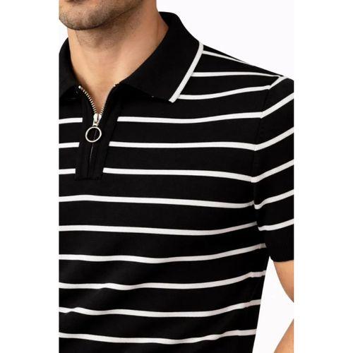 Erkek Triko Polo Yaka Fermuarlı Çizgili Tişört T-Shirt Yazlık Şık - Siyah