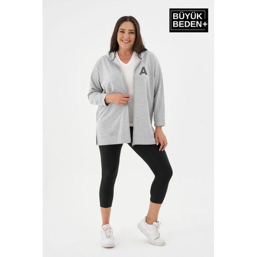 Kadın Tunik Büyük Beden A Baskılı Fermuarlı Kapşonlu Sweat Hırka SPR26BTK955-1