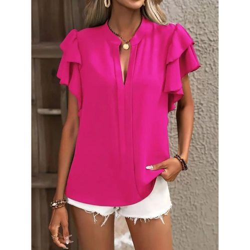 Kadın Kısa Kollu V Hakim Yaka Kolları Fırfırlı Dubai Bluz