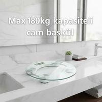 Yuvarlak Şeffaf Dijital Cam Baskül Tartı – 180 Kg Taşıma Kapasitesi, Hassas Ölçüm, Şık Tasarım Terazi