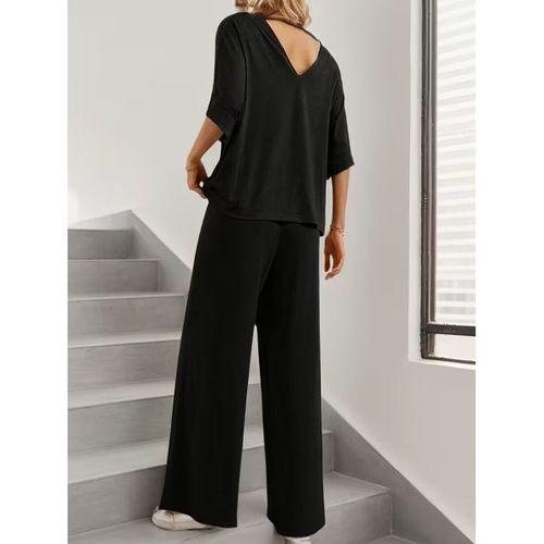Kadın Kısa Kollu V Yakalı Viskon Bluz Ve Pantolon Ikili Takım