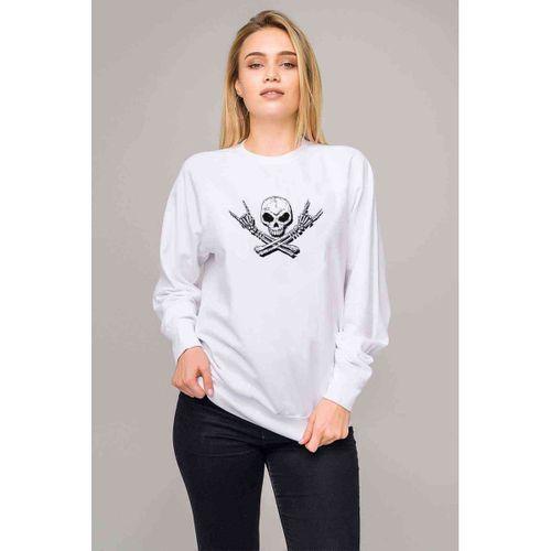 Skull Rock Müzik Masaüstü Parmak İnciler Baskılı Beyaz Kadın Sweatshirt