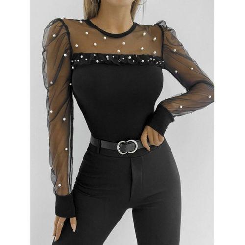 Kadın Uzun Kollu Inci Detaylı Tüllü Viskon Bluz