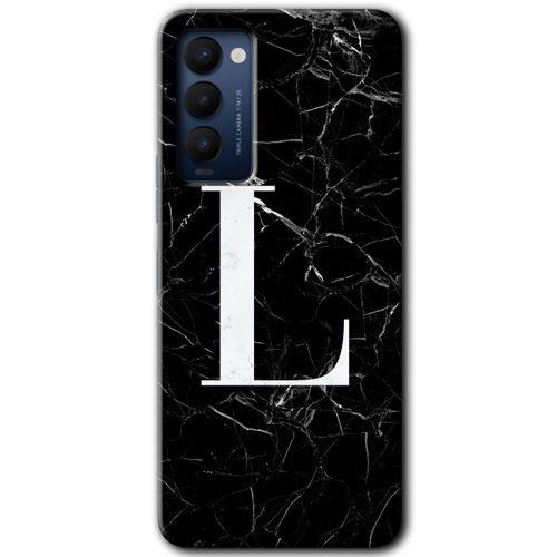 MRCİLETİSİM Tecno Camon 18 Kılıf HD Desen Baskılı Arka Kapak+Temperli Cam - Siyah Mermer Desenli L Harfi
