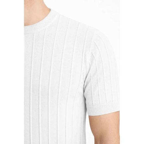 Erkek Yazlık Fitilli Triko Tişört Kısa Kol Bisiklet Yaka T-Shirt - Beyaz