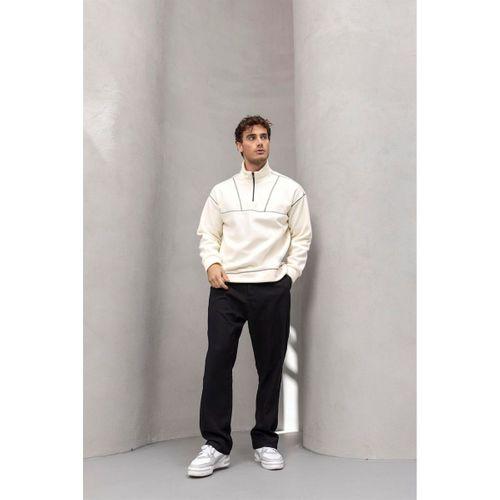 Crowe Şerit Detaylı Yarım Fermuar Polar Sweatshirt Ekru - Bezayağı Kumaş Pantolon Siyah