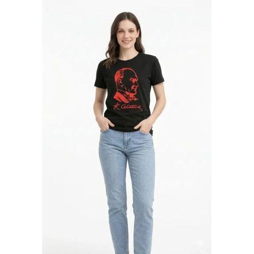 Atatürk Baskılı Tişört Kısa Kollu Bisiklet Yaka  T-Shirt - Siyah