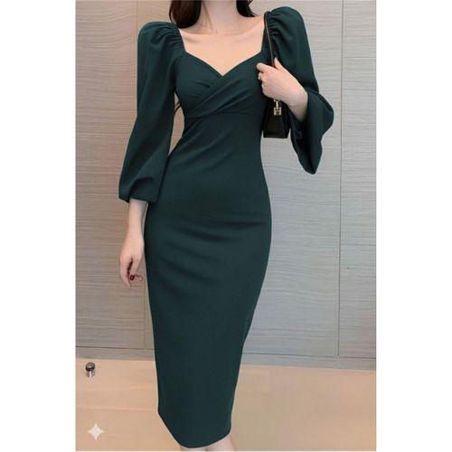 Kadın Uzun Kollu Kalp Yakalı Midi Ithal Krep Elbise