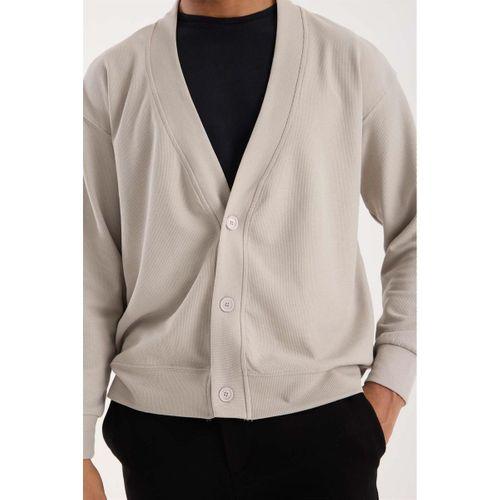 Potter Dokulu Selanik Kumaş Oversize Basic 3 Düğmeli Erkek Hırka - Mineral Gri