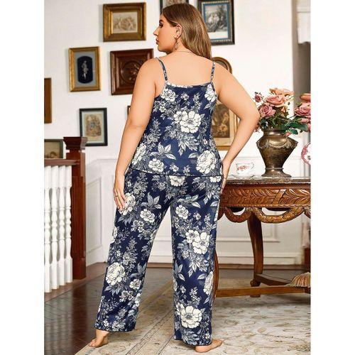 Büyük Beden Çiçek Desenli İnce Askılı Lacivert 2'li Takım