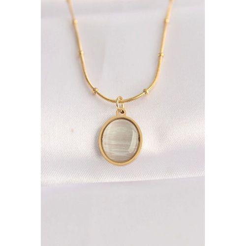 316L Çelik Zincir Altın Renk Gri Sedefli Oval Figürlü Kolye