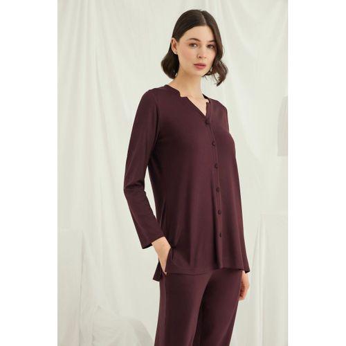 Uzun Kollu Boydan Düğmeli V Yaka Pijama Takımı