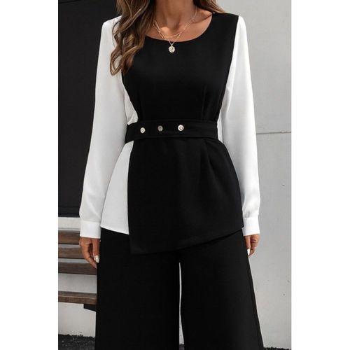Kadın Uzun Kollu Açık Yakalı çift Renkli Kemerli Ithal Krep Ikili Takım