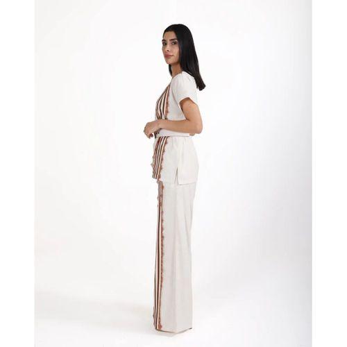 Trend Kadın Krem Keten Dokulu Bol Paça Pantolon ve Kısa Kollu Bluz Takımı