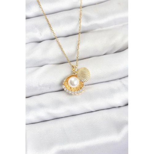316L Çelik Zincir Gold Renk İncili Deniz Kabuğu Model Zirkon Taşlı Kadın Kolye