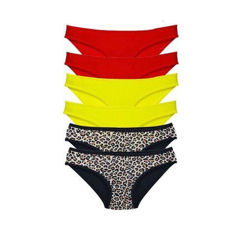 6 Adet Likralı Kadın Slip Külot Leopar Kırmızı Sarı mudanis