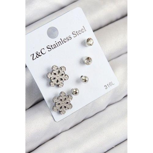 316L Çelik Zirkon Taşlı Kar Tanesi Model Gümüş Renk Kadın Set Küpe