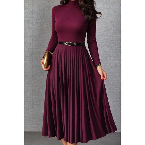 Kadın Uzun Kollu Balıkçı Yaka Kemersiz Pileli Uzun Sandy Elbise