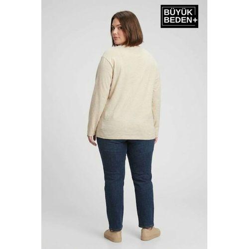 Kadın Büyük Beden Uzun Kollu 2 İplik Bisiklet Yaka Tişört