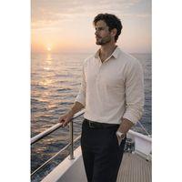 Yarım Pat Yakalı York Pamuk Kumaşlı Uzun Kollu Erkek Gömlek - Bej